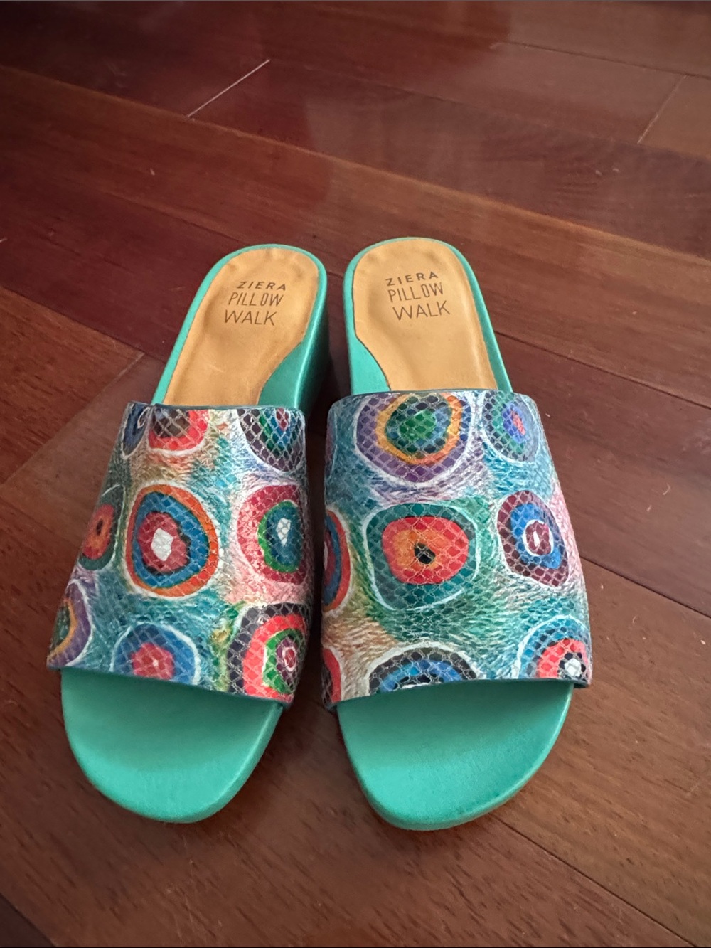 Ziera Pillow Walk Teal Slide Mules with Multicolor Circular Print